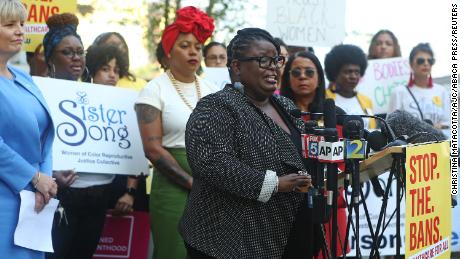 Monica Simpson, executive director of SisterSong, speaks at a press conference in 2019 in Atlanta after a lawsuit was filed challenging Georgia&#39;s HB 41, the &quot;heartbeat bill.&quot; 