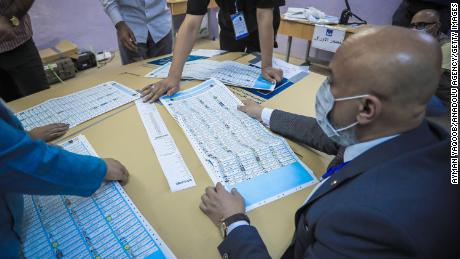 Election commission officials begin to count ballots at a polling station after the Iraqi early general elections end in Baghdad, Iraq on October 10, 2021. 