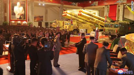 North Korean leader Kim Jong Un visits an exhibition of weapons systems in Pyongyang on October 11.