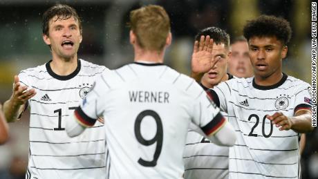 Werner (center) celebrates his first goal against North Macedonia. 
