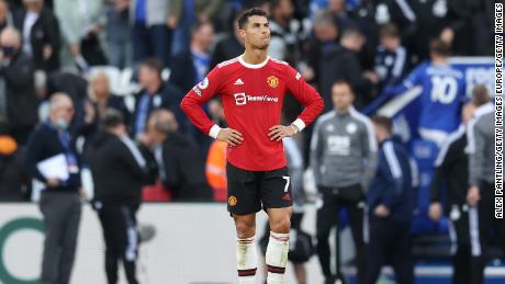 Ronaldo reacts during the game between Leicester City and Manchester United.