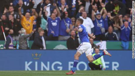 Vardy celebrates his goal against Manchester United.