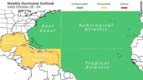 18 اکتوبر کے ہفتے کے لیے سمندری طوفان کا نقطہ نظر۔  بصورت دیگر ، بحر اوقیانوس کے باقی حصوں میں نامناسب حالات موجود ہیں (سبز رنگ میں نمایاں)۔