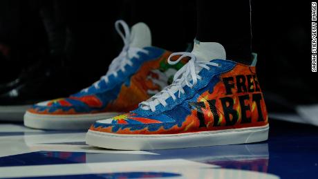 Detail of the shoes worn by Kanter with the wording &quot;Free Tibet&quot; during the first half against the New York Knicks.