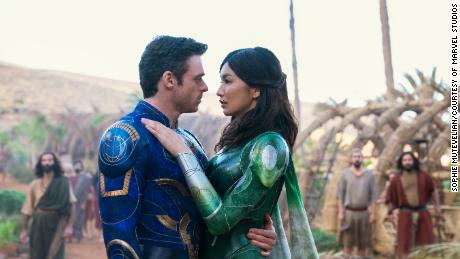 Ikaris (Richard Madden) and Sersi (Gemma Chan) have a superheroic romance in &quot;Eternals.&quot; 