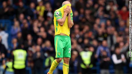 Norwich striker Teemu Pukki looks dejected after the loss.