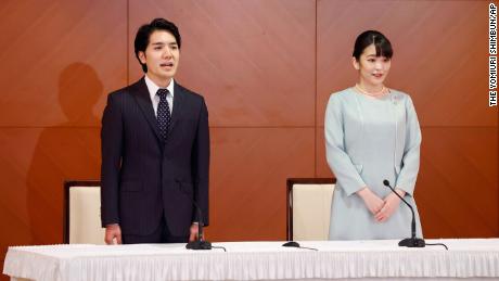 Mako Komuro (Akishino's former princess Mako) and Kei Komuro speak to the selected press after registering their marriage with the local municipal government. 