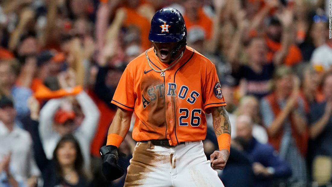 Astros centerfielder Jose Siri celebrates after scoring a run against the Braves in Game 2.