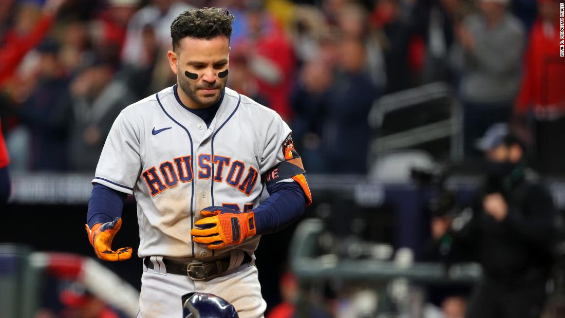Jose Altuve of the Astros reacts after striking out during the third inning.