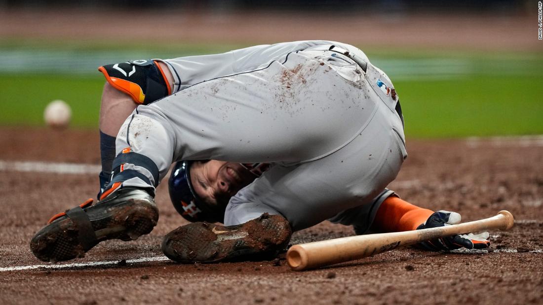 Astros&#39; Alex Bregman reacts after getting hit by a pitch during the sixth inning.