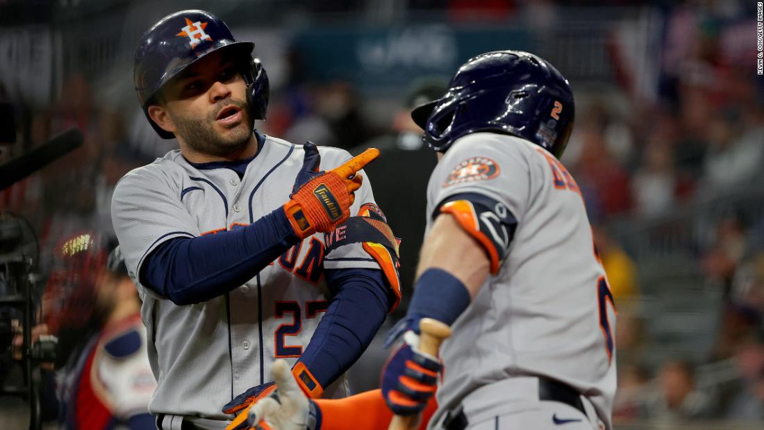 Jose Altuve of the Astros is congratulated by teammate Alex Bregman after &lt;a href =&quot;https://www.cnn.com/sport/live-news/world-series-2021-braves-astros-game-4/h_c4c17c1fa246f22498c3a7c7d3cf0dd0&quot; 目标=&quot;_空白&amp报价t;&gt;hitting a solo home run&ltp;lt;/一个gtmp;gt; during the fourth inning.