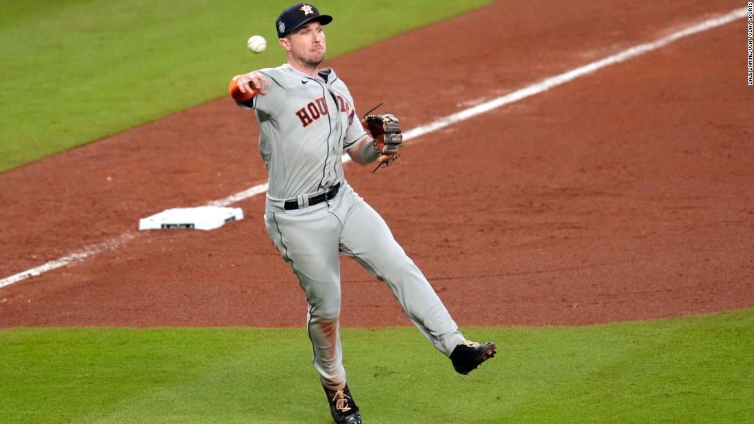 Astros third baseman Alex Bregman throws to first base for the out during Game 5 在星期天, 十月 31.