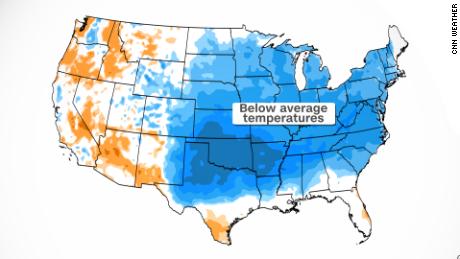 نیلے رنگ کے سایہ دار علاقوں سے پتہ چلتا ہے کہ اس ہفتے درجہ حرارت معمول سے بہت کم رہے گا۔