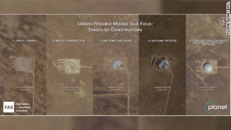 Different stages of construction underway by Chinese engineers on multiple silos at the possible Ordos missile silo field in August 2021. After clearing the space for the project, they use inflatable domes to protect the active construction on the silos. 
