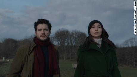 Dane Whitman (Kit Harington, left) is in a relationship with Sersi (Gemma Chan) when we meet him in &quot;Eternals.&quot;