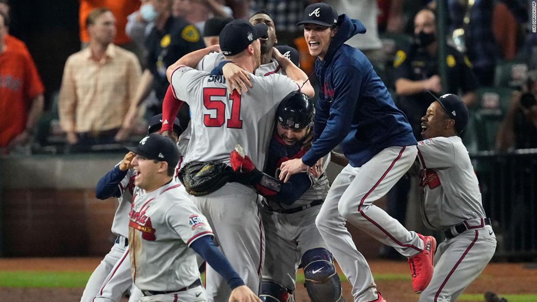 The Atlanta Braves celebrate after winning the World Series.