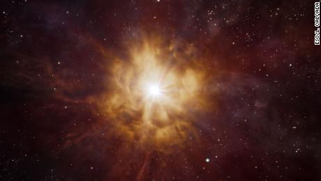 이 아티스트&#39;s impression shows the bright core of a Wolf-Rayet star surrounded by material that has been expelled by the star itself. 
