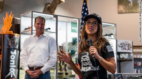 US Rep. Lauren Boebert (R-Colorado), right, speaks during a Second Amendment Rally Sept. 16, 2021, at a gun store in Midland, Texas.