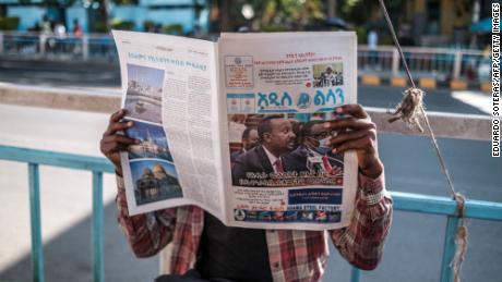 Prime Minister Abiy Ahmed on the cover of a newspaper in the Ethiopia&#39;s capital on November 3, a day after a nationwide state of emergency was announced.
