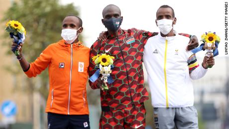 Nageeye (left), Kipchoge (center) and Abdi (right) made up the podium at this year&#39;s men&#39;s Olympic marathon. 