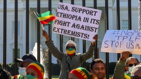 Demonstrators outside the White House on November 8 denounce the United States&#39; stance on the conflict in Ethiopia.