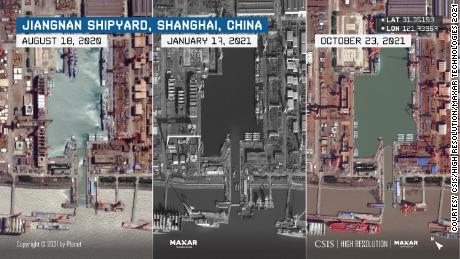 Varying numbers of People&#39;s Liberation Army Navy surface combatants are visible over time in the floodable basin at Jiangnan shipyard in Shanghai.