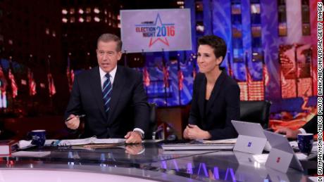 Brian Williams, anchor of &quot;The 11th Hour with Brian Williams&quot; and Rachel Maddow, gasheer van &quot;Die Rachel Maddow Show&kwotasiequot; op Dinsdag, November 8, 2016 In New York.