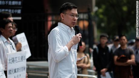 Sunflower Movement activist Lin Fei-fan delivers a speech in front of Taiwan&#39;s Parliament on March 27, 2019 in Taipei, Taiwan. 
