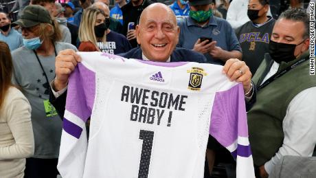 Vitale displays a Vegas Golden Knights jersey he was given with his catchphrase &quot;Awesome, baby!&quot; as he calls the game between Gonzaga and UCLA at T-Mobile Arena in Las Vegas.
