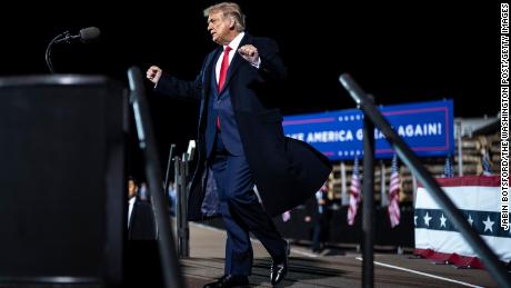 Then-President Trump arrives to speak during a &quot;Make America Great Again&quot; campaign event at the Duluth International Airport on Wednesday, September 30, 2020 in Duluth, Minnesota. 