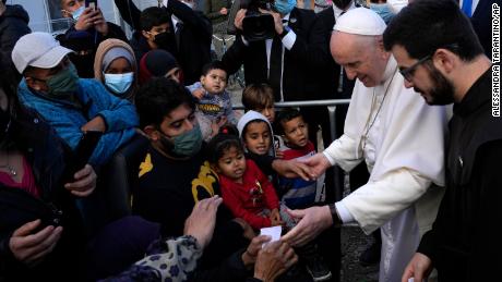 Pope Francis met migrants during his visit at the Karatepe refugee camp in Lesbos, calling on countries to &quot;stop ignoring reality&quot; of the crisis.