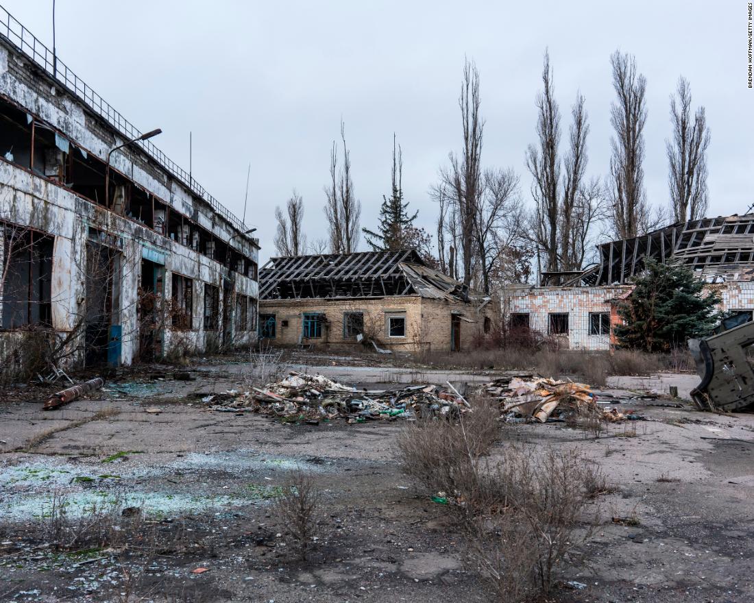 A destroyed police impound yard is seen in Marinka on December 8.