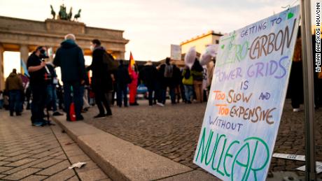 Demonstrators in support of nuclear power outside Berlin&#39;s Brandenburg Gate on Saturday, November 13.