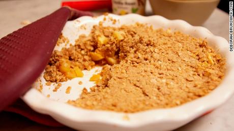 The crunchy top layer of this apple crisp pairs well with the cinnamon-spiked fruit on the inside.