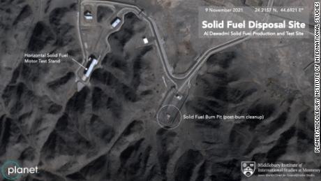A satellite image captured on November 9 shows the &quot;burn pit,&报价; which is used to dispose of solid-propellant leftover from the production of ballistic missiles, post-burn cleanup.  