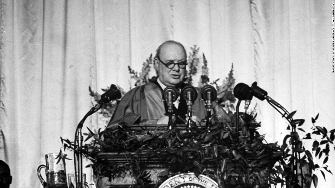 British Prime Minister Winston Churchill delivers a speech at Westminster College in Fulton, Missouri, on March 5, 1946. &quot;From Stettin in the Baltic to Trieste in the Adriatic, an Iron Curtain has descended across the Continent,&quot; he declared.