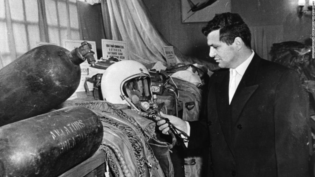 U-2 spy plane pilot Francis Gary Powers poses with his flight helmet among other evidence related to his Moscow trial in 1960. After the Soviets announced the capture of Powers, the United States recanted earlier assertions that the plane was on a weather research mission.