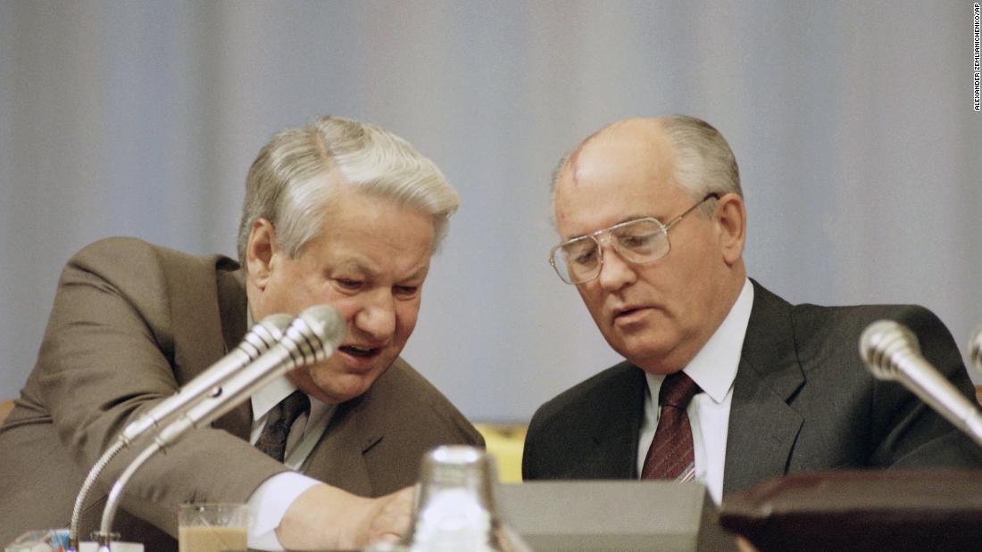 Russian Federation President Boris Yeltsin, left, and Soviet President Gorbachev look over a document while attending the Congress of People&#39;s Deputies in Moscow in September 1991. While vacationing in the Crimean peninsula, Gorbachev was ousted in a coup by Communist hard-liners on August 19, 1991. The coup soon faltered as citizens took to the streets of Moscow and other cities in support of Yeltsin, who denounced the coup. Yeltsin was the first democratically elected president of Russia.