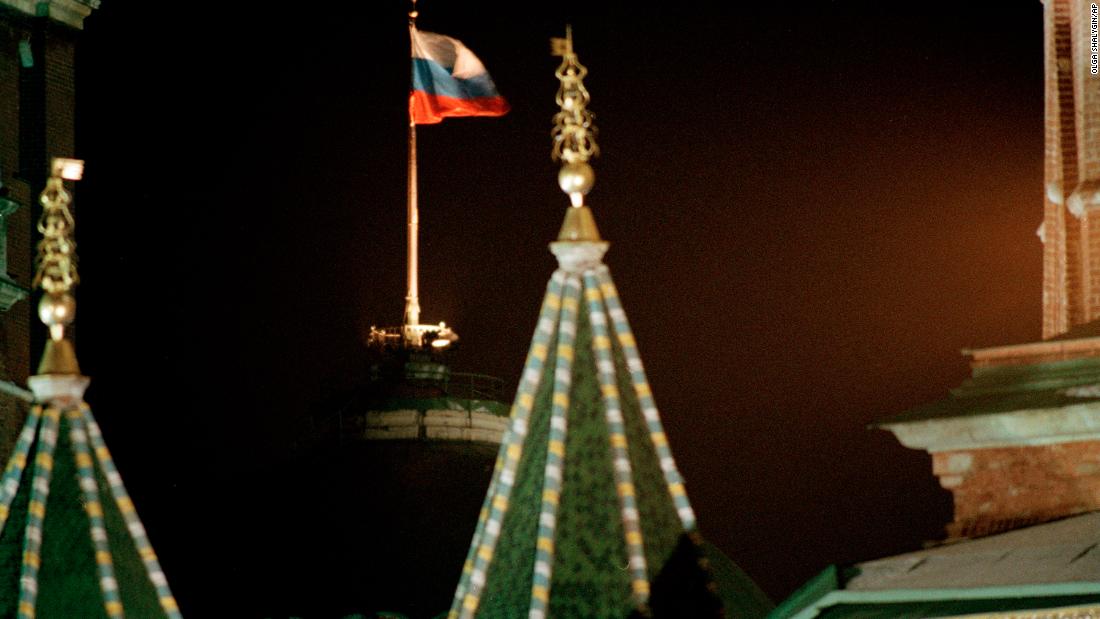 The Russian flag flies over the Kremlin shortly after Gorbachev resigned. The red Communist flag bearing the gold hammer and sickle emblem that fluttered over the Kremlin came down in a final act that underscored the fall of the Soviet Union -- and the end of the Cold War.
