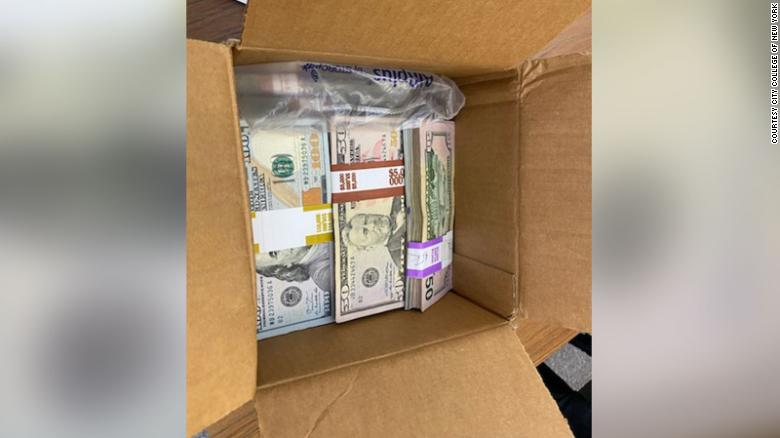 Card box filled with a $  180,000 cash donation mailed to The City College of New York. The package sat in a mailroom for months