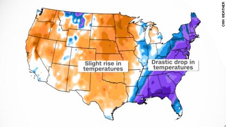 As cold air moved east, dramatic temperature drops occured across the Southeast and mid-Atlantic.