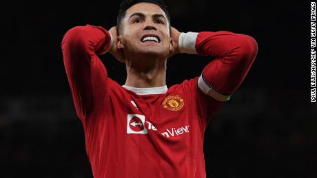 Unito&#39;s Cristiano Ronaldo reacts to a missed chance.