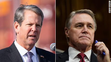 Former Sen. David Perdue, right, is challenging Gov. Brian Kemp in a GOP primary.