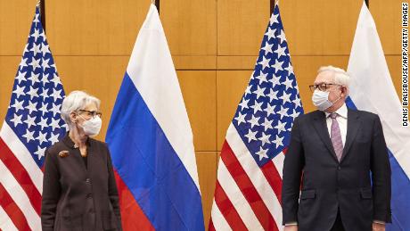 US Deputy Secretary of State Wendy Sherman (L) and Russian deputy Foreign Minister Sergei Ryabkov (R) pose for pictures as they attend security talks on soaring tensions over Ukraine, at the US permanent Mission, in Geneva, on January 10, 2022. - A top Russian official said he had a &quot;difficult&quot; conversation with his US counterpart on January 9, 2022 as preliminary talks on Ukraine got under way amid fears of a Russian invasion of its pro-Western neighbor. &quot;The conversation was difficult, it couldn&#39;t have been easy,&quot; Russian Deputy Foreign Minister Sergei Ryabkov was quoted as saying by the Interfax news agency after meeting US Deputy Secretary of State Wendy Sherman during a working dinner in Geneva. (Photo by DENIS BALIBOUSE / POOL / AFP) (Photo by DENIS BALIBOUSE/POOL/AFP via Getty Images)