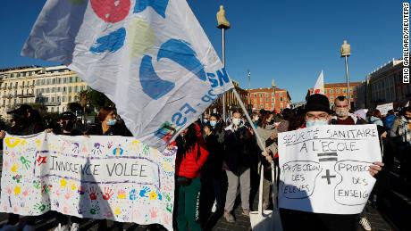 French teachers take part in a demonstration in Nice on Thursday over the government's Covid-19 protocols for schools.