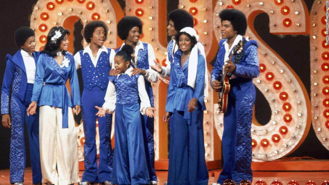 The Jackson family films a television show at Burbank Studios in California on November 13, 1976.  From left to right are Randy, La Toya, Marlon, Janet, Michael, Jackie, Rebbie and Tito. 