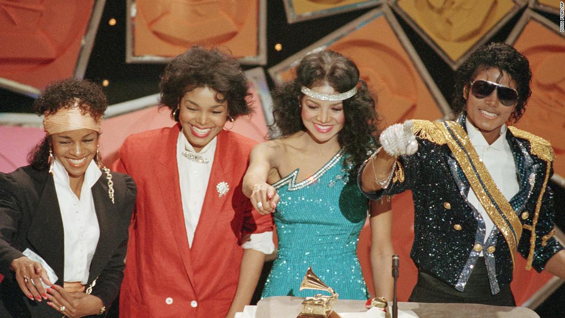 Pop superstar Michael Jackson is joined on stage by his sisters, from left, Maureen &quot;Rebie,&quot; Janet and LaToya during the 26th annual Grammy Awards on February 29, 1984, in Los Angeles.