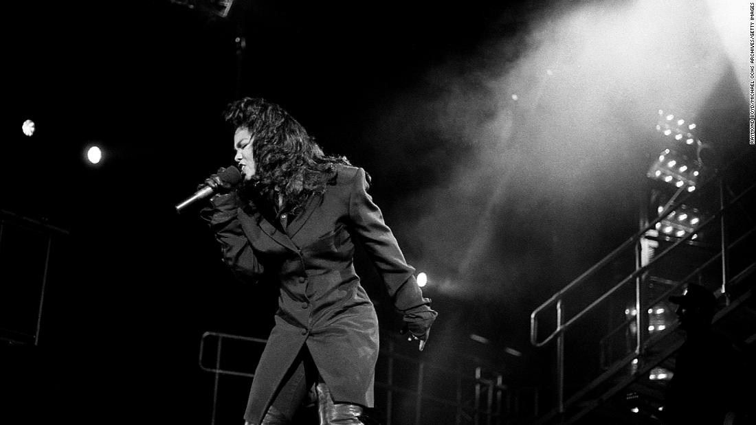 Janet Jackson performs during her &quot;Rhythm Nation World Tour&quot; on March 10, 1990, at the Cincinnati Coliseum in Ohio.