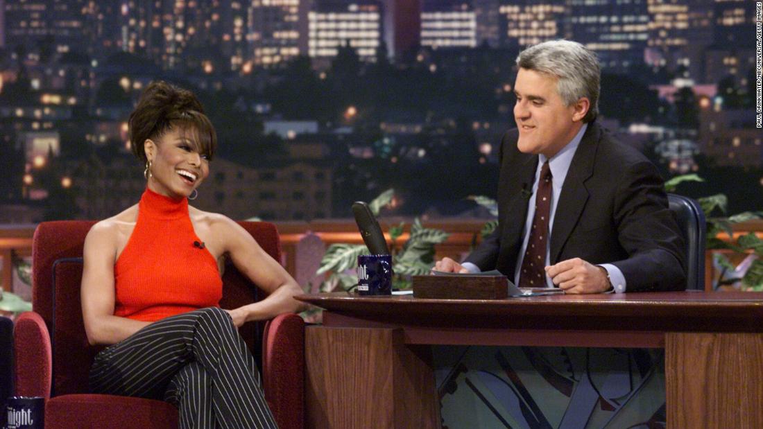 Jay Leno, host of &quot;The Tonight Show,&quot; chats with Janet Jackson on April 26, 2001.