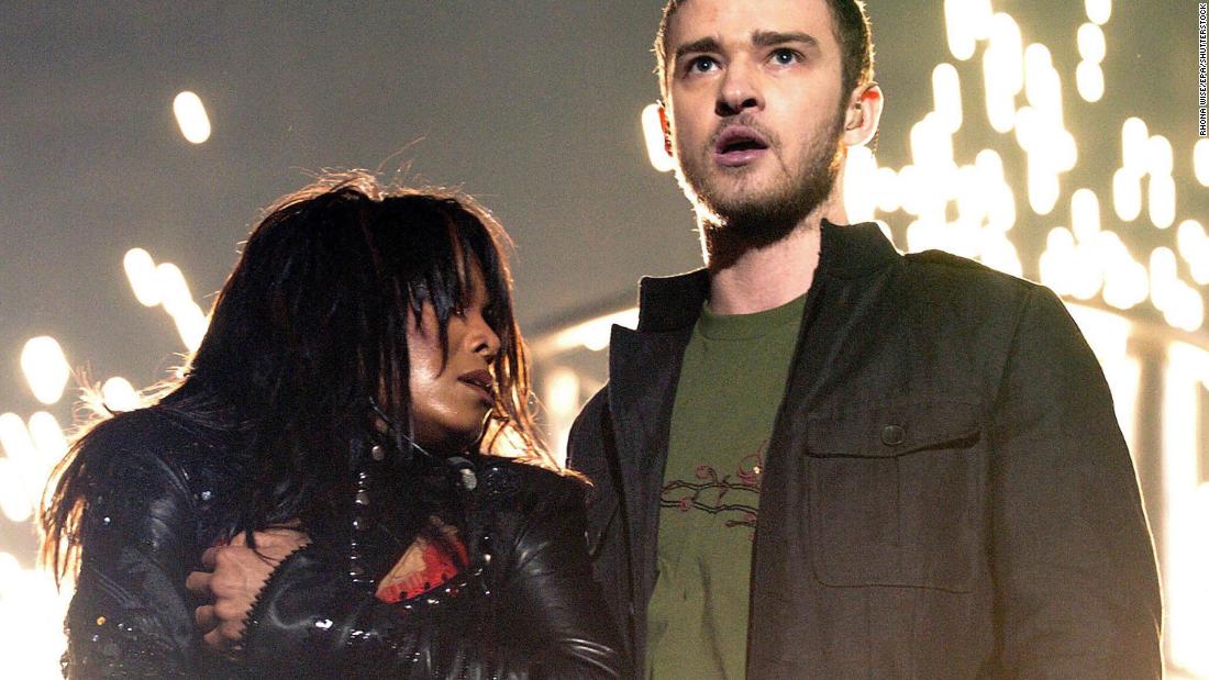 Janet Jackson performs with Justin Timberlake during halftime of Super Bowl XXXVIII at Reliant Stadium in Houston on February 1, 2004.